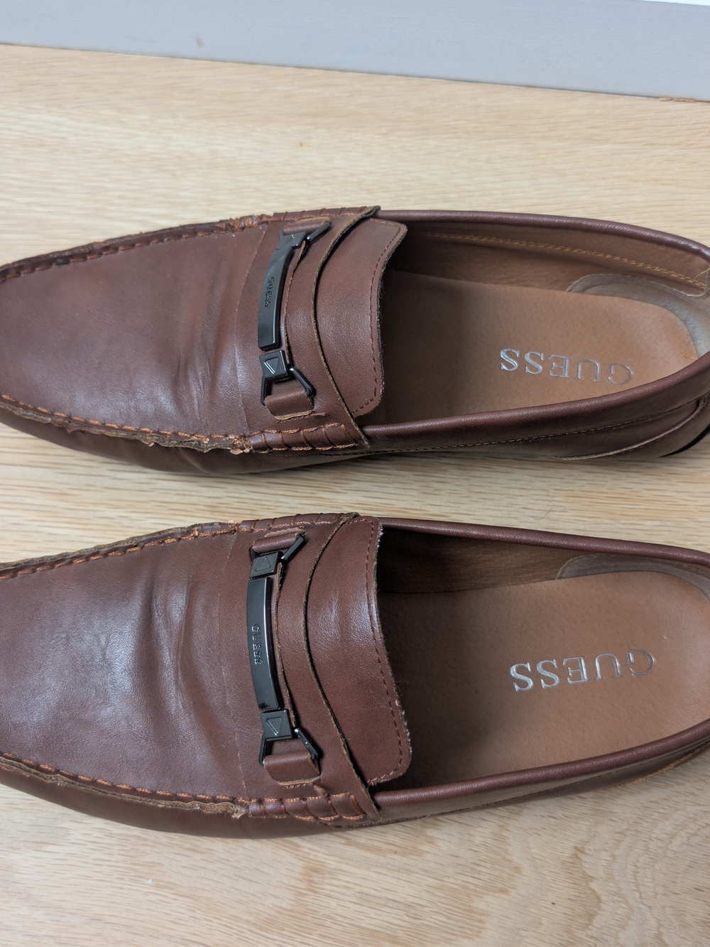 GUESS Brown Leather Men’s Slip-On Moccasins with Metal Bit